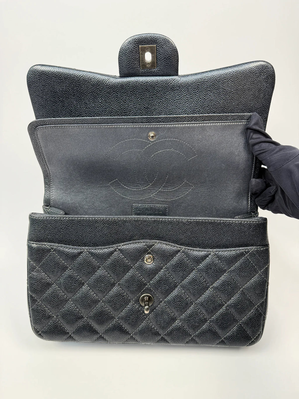 CHANEL JUMBO GUNMETAL METALLIC CALFSKIN LEATHER WITH RUTHENIUM HARDWARE