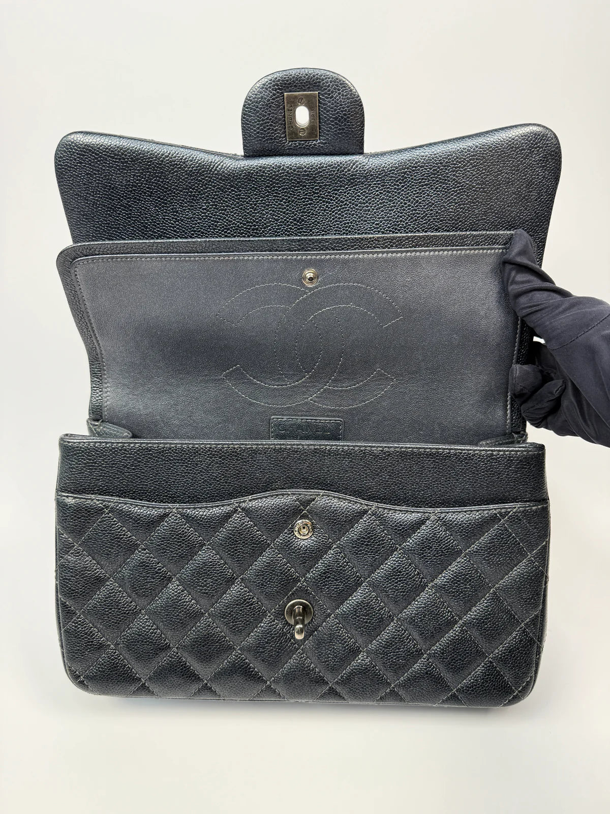 CHANEL JUMBO GUNMETAL METALLIC CALFSKIN LEATHER WITH RUTHENIUM HARDWARE