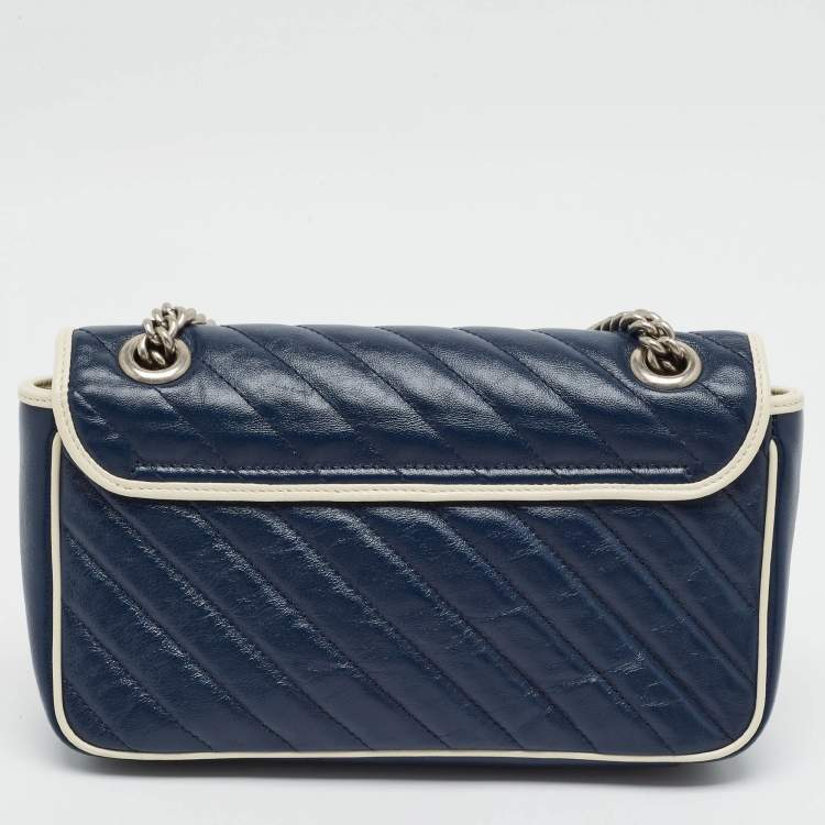 Gucci GG Marmont Torchon Small Navy Blue/White Diagonal Quilt Leather Shoulder Bag
