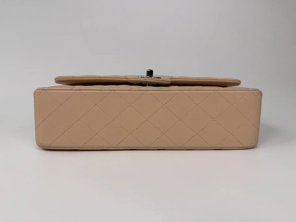 CHANEL MEDIUM CLASSIC DOUBLE FLAP LIGHT BEIGE LAMBSKIN LEATHER WITH SILVER HARDWARE