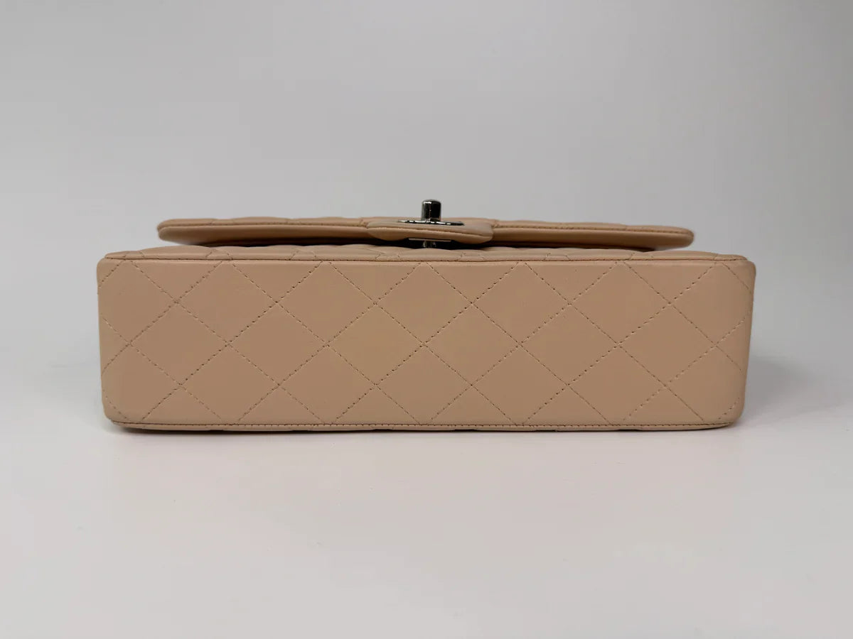 CHANEL MEDIUM CLASSIC DOUBLE FLAP LIGHT BEIGE LAMBSKIN LEATHER WITH SILVER HARDWARE