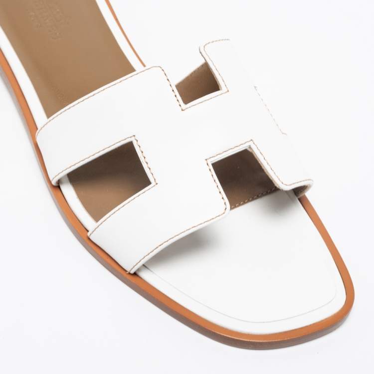 Hermes White Leather Oran Flats Sandals Size 38