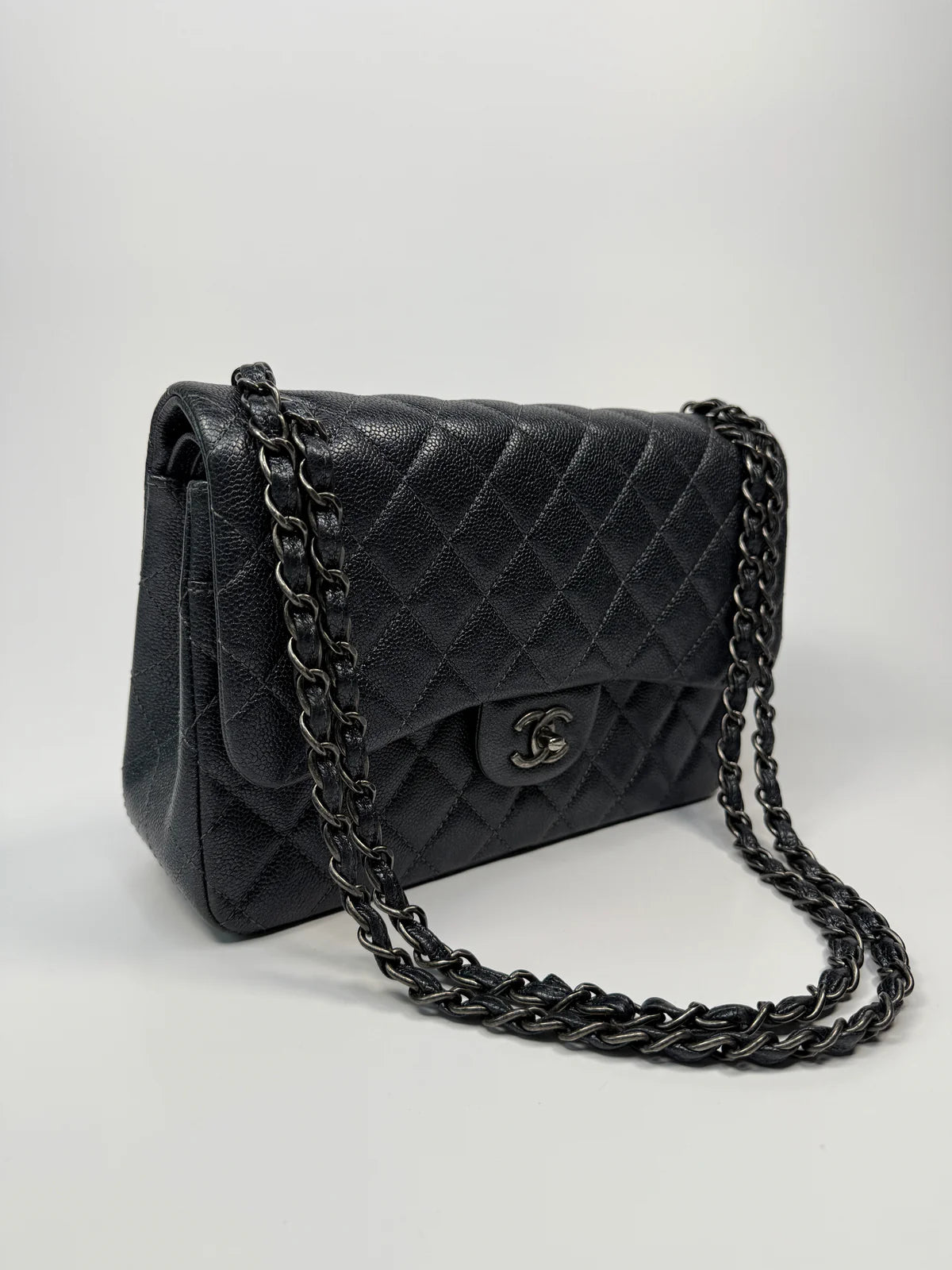 CHANEL JUMBO GUNMETAL METALLIC CALFSKIN LEATHER WITH RUTHENIUM HARDWARE