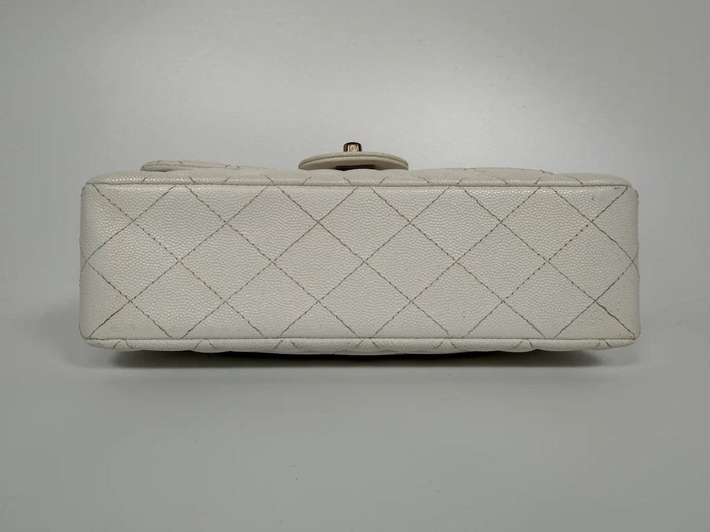 CHANEL SMALL CLASSIC DOUBLE FLAP IN WHITE CAVIAR LEATHER WITH GOLD HARDWARE
