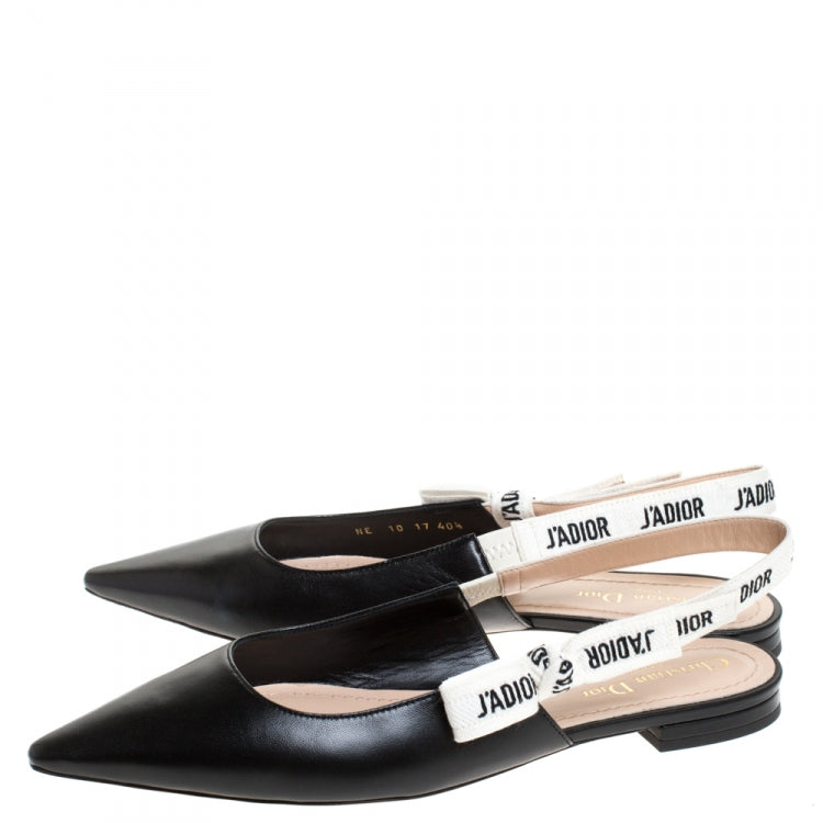 Dior Black Leather J'adior Ribbon Pointed Toe Slingback Flats Size 40.5