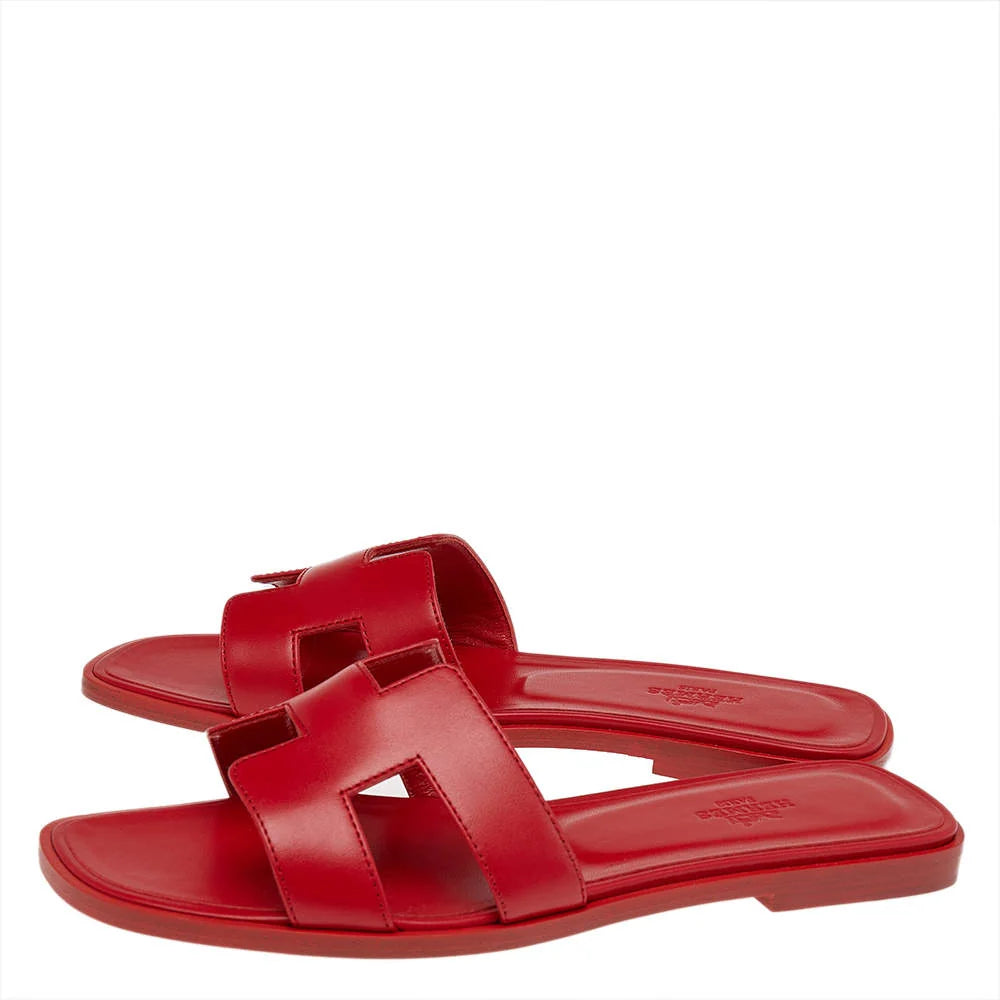 Hermes Red Leather Oran Flat Sandals Size 39
