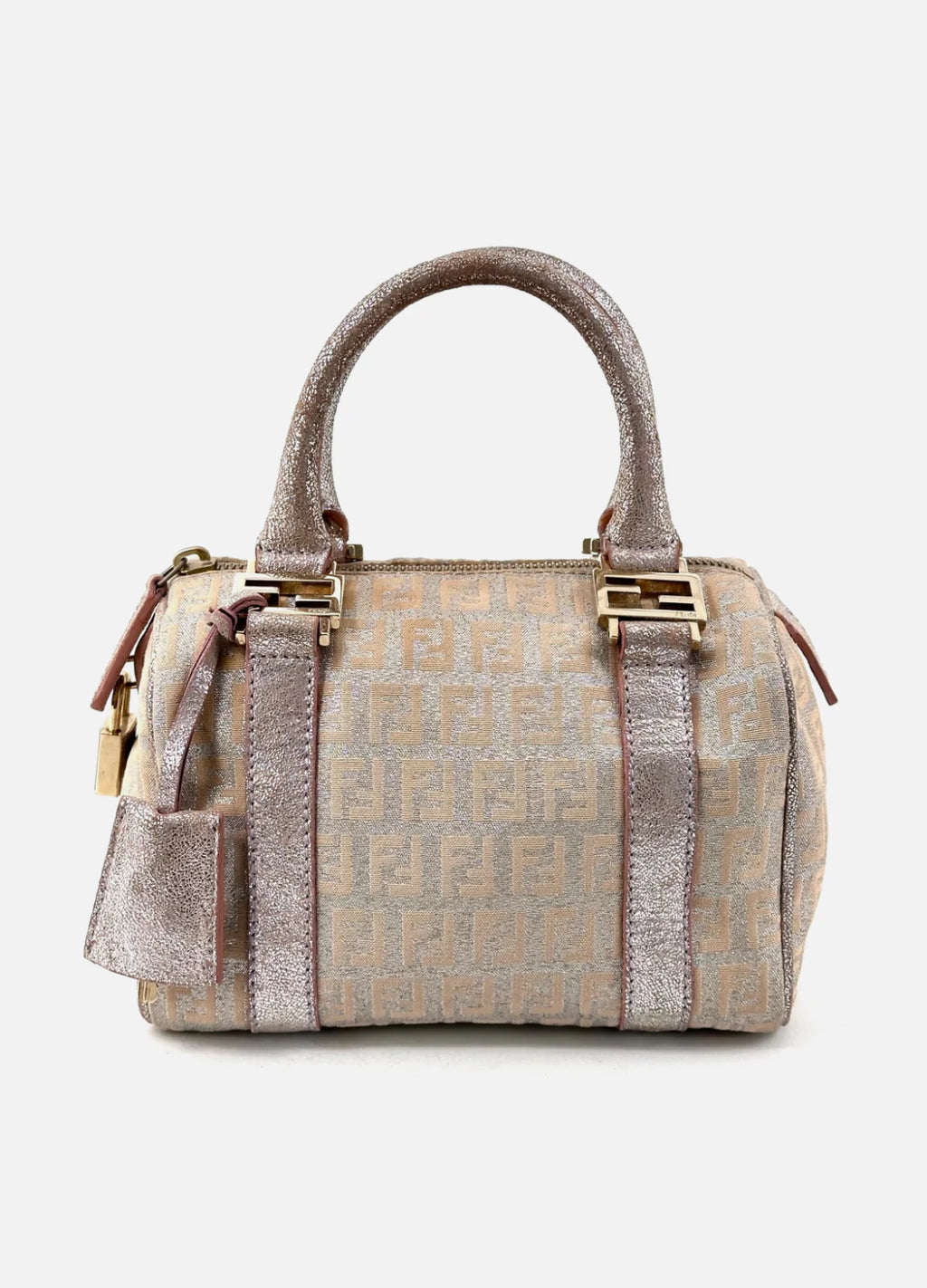FENDI Mini Boston Bag Zucchino Canvas Leather Pink Beige Silver Purse
