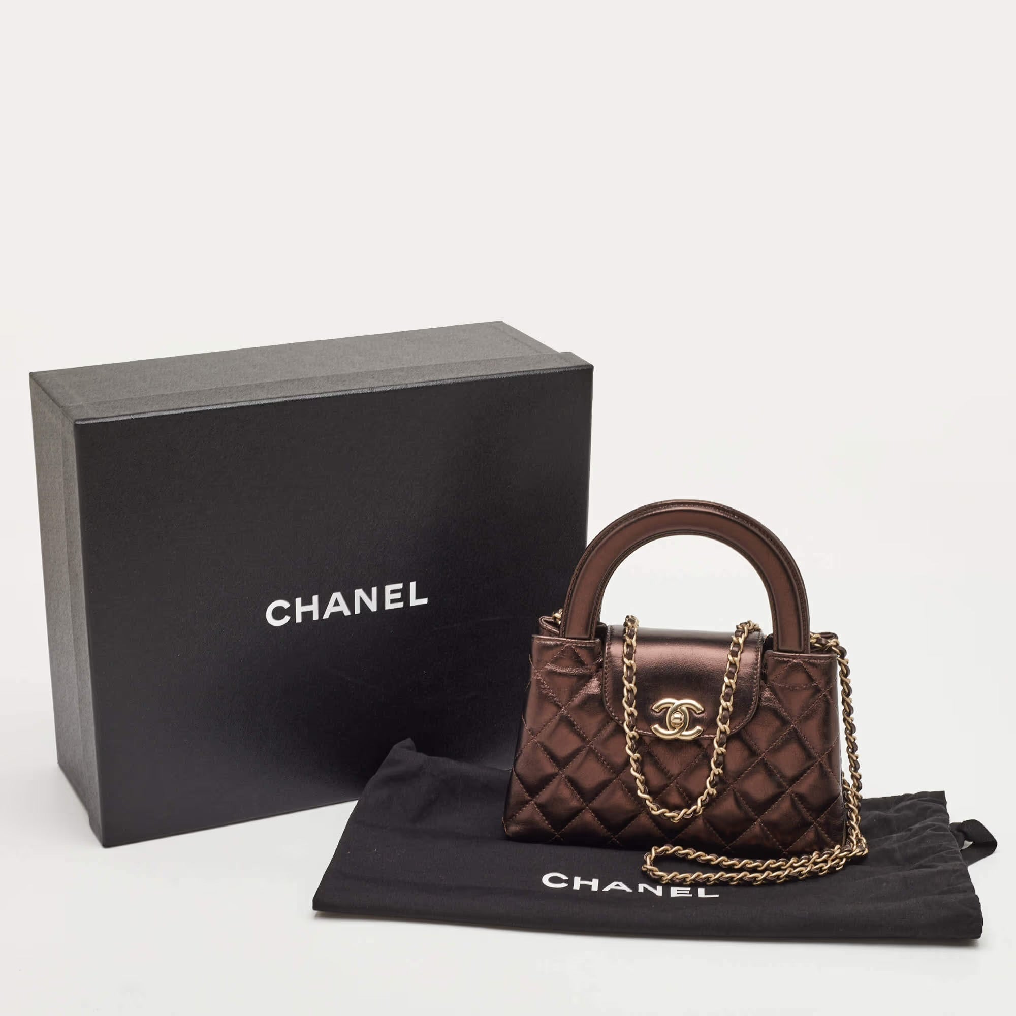 Chanel Kelly Nano Metallic Brown Quilted Leather Shoulder Bag