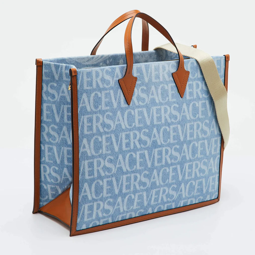 Versace Allover Blue/Brown Denim and Leather Shopper Tote