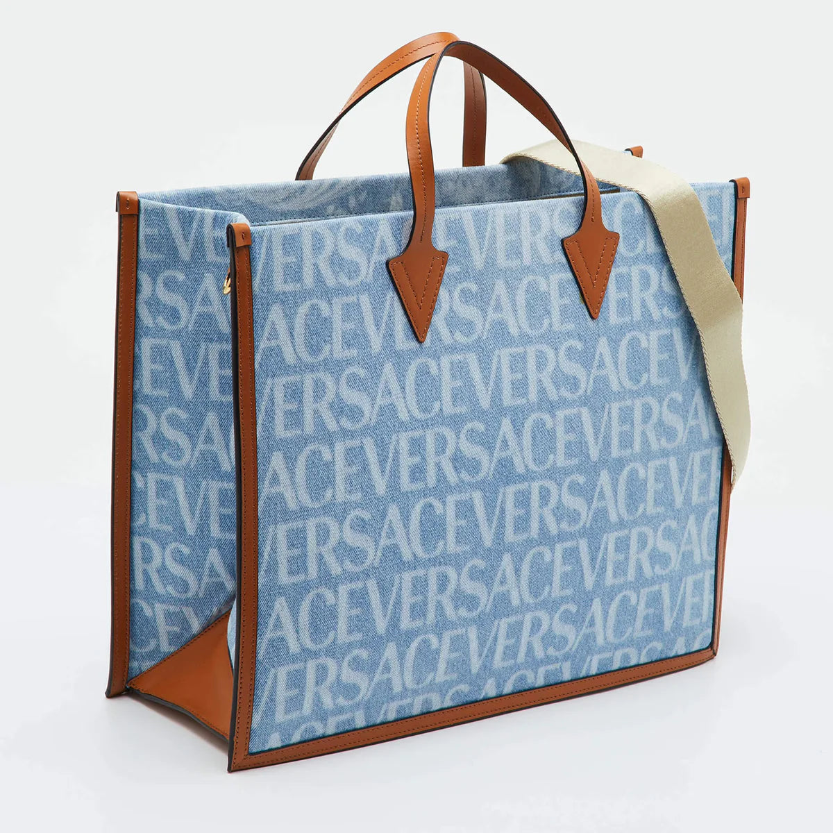 Versace Allover Blue/Brown Denim and Leather Shopper Tote