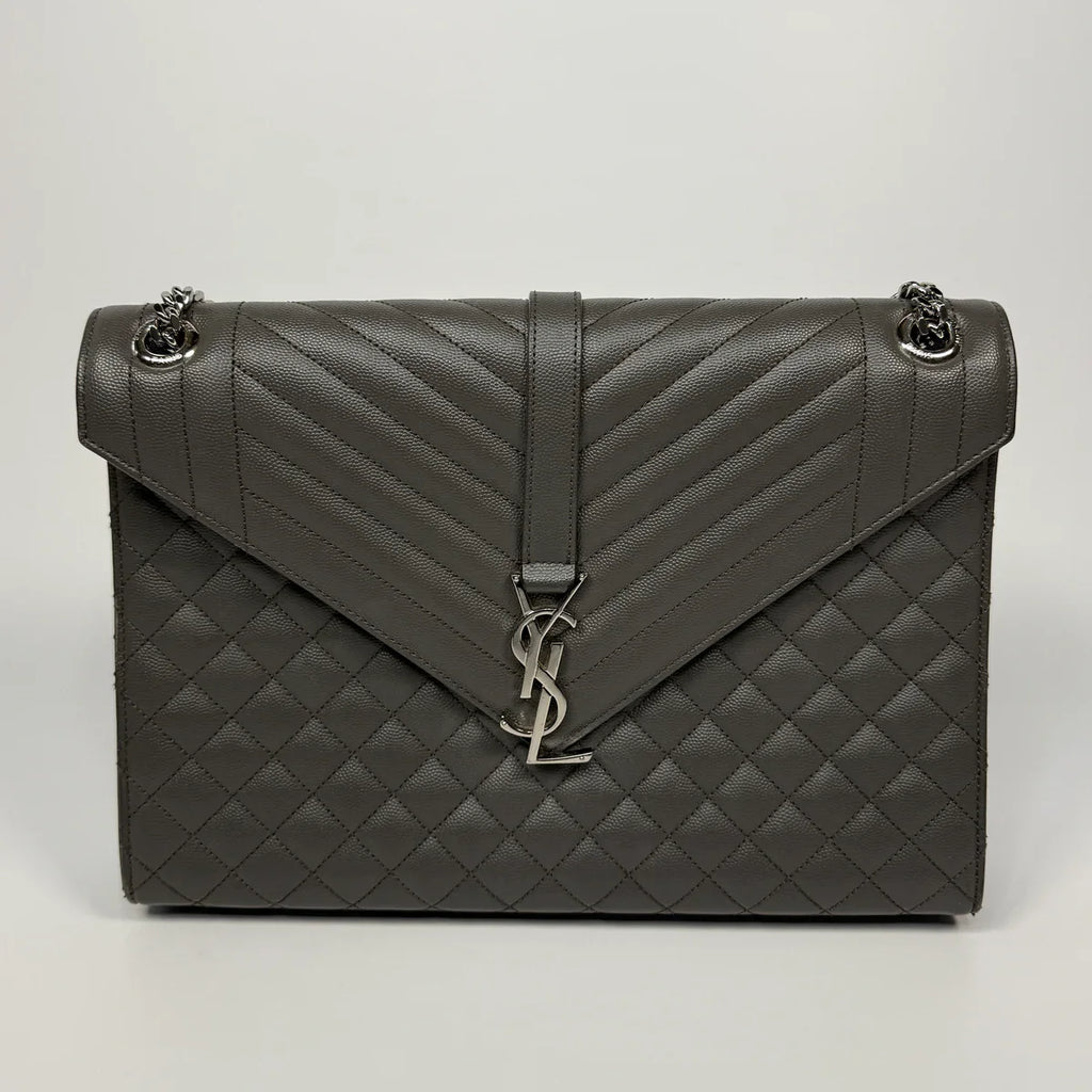 SAINT LAURENT LARGE GREY GRAINED LEATHER ENVELOPE SHOULDER BAG