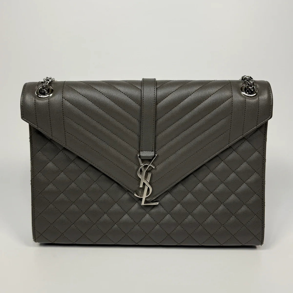 SAINT LAURENT LARGE GREY GRAINED LEATHER ENVELOPE SHOULDER BAG