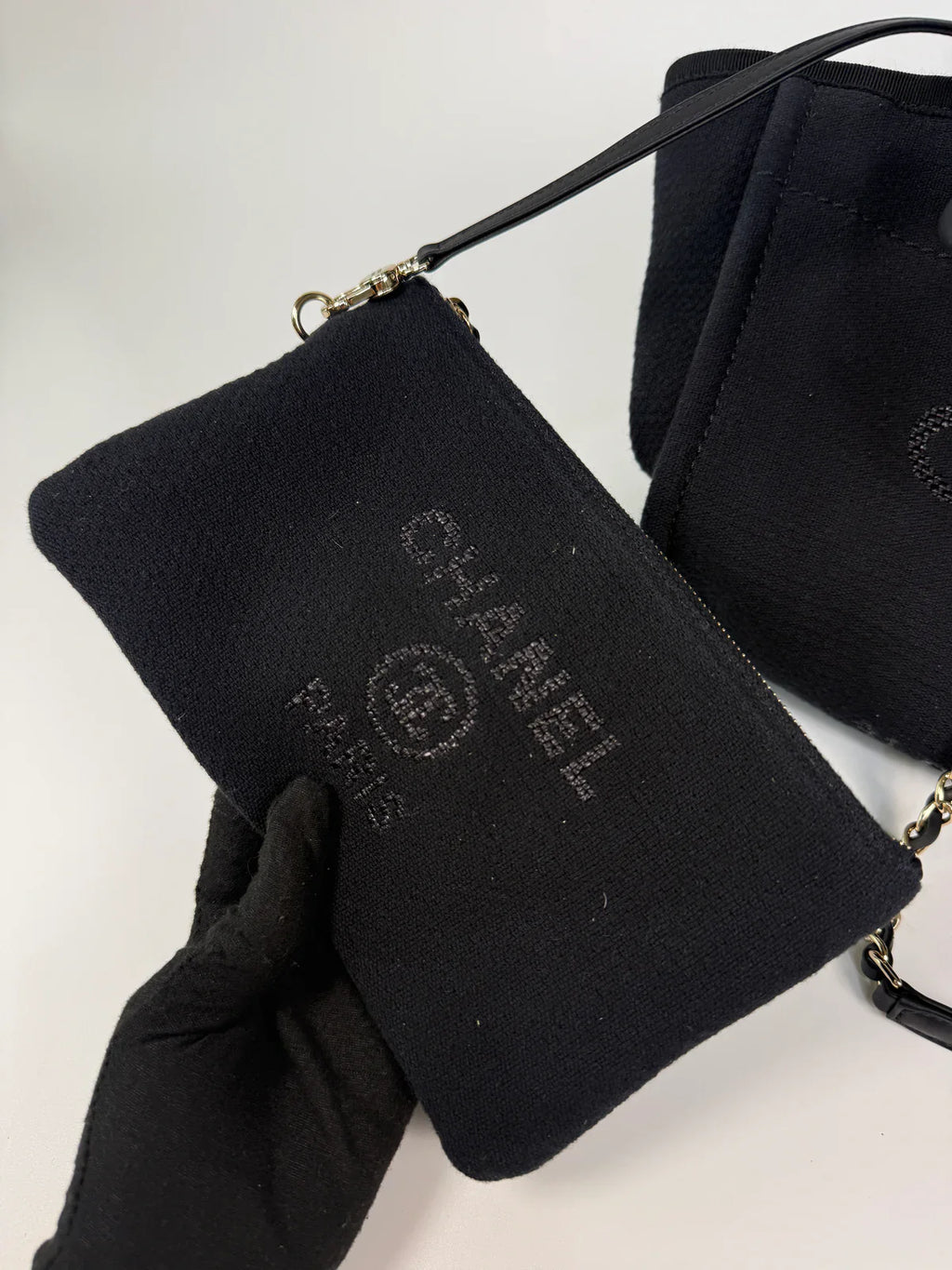CHANEL SMALL DEAUVILLE TOTE BAG IN BLACK WITH PALE GOLD HARDWARE