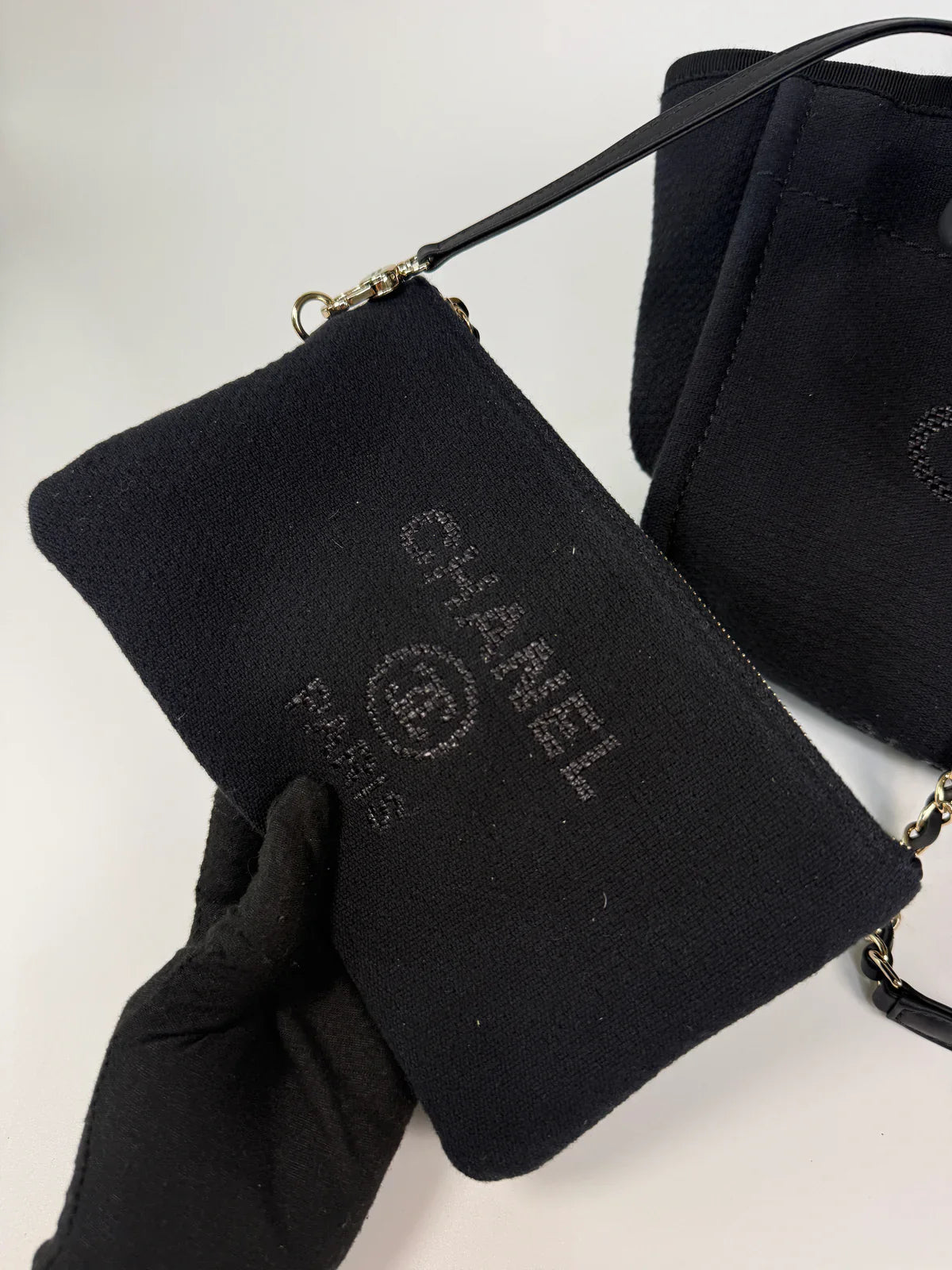 CHANEL SMALL DEAUVILLE TOTE BAG IN BLACK WITH PALE GOLD HARDWARE
