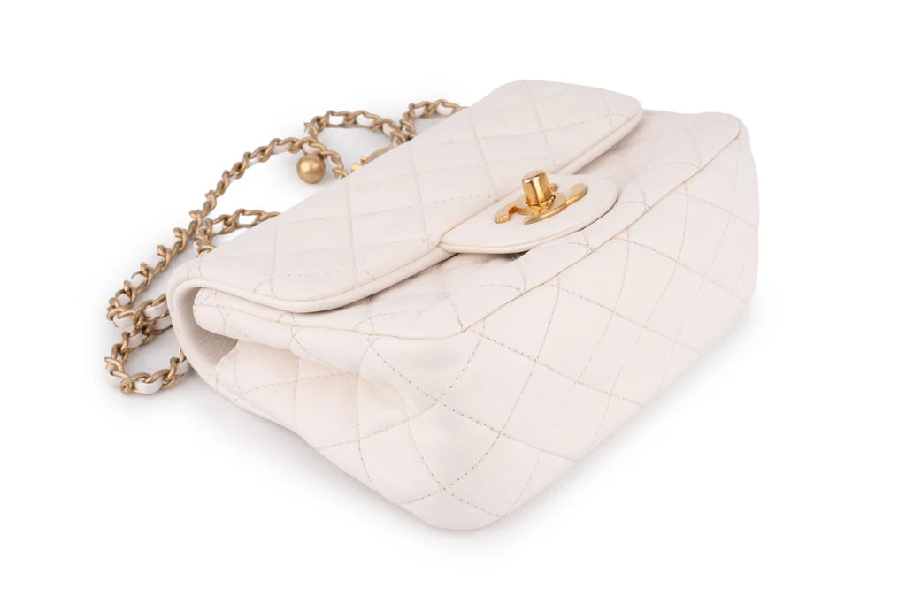Chanel Quilted Pearl Crush Mini Square Flap Bag Lambskin White GHW