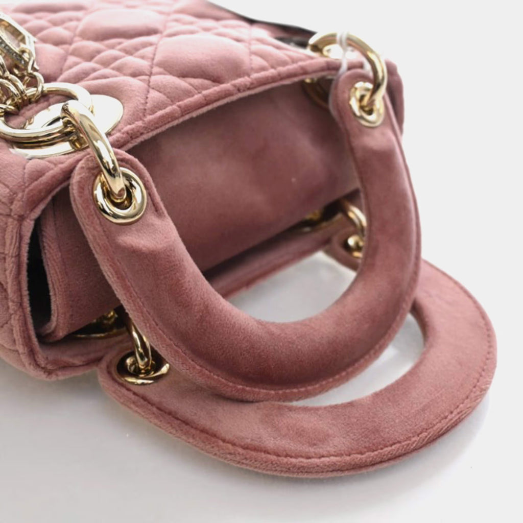 Christian Dior Lady Dior Mini Pink Velvet Top Handle Bag
