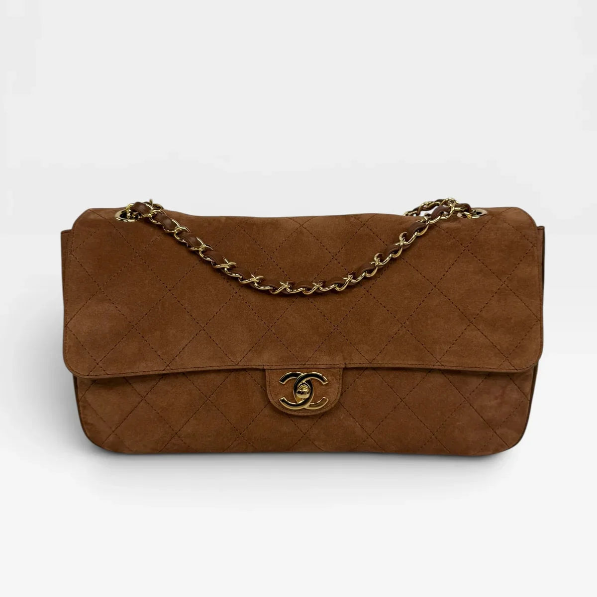 CHANEL MAXI FLAP IN TAN SUEDE WITH GOLD HARDWARE
