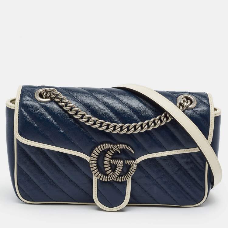 Gucci GG Marmont Torchon Small Navy Blue/White Diagonal Quilt Leather Shoulder Bag