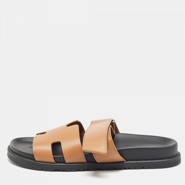 Hermes Brown Leather Chypre Flat Slides Size 39