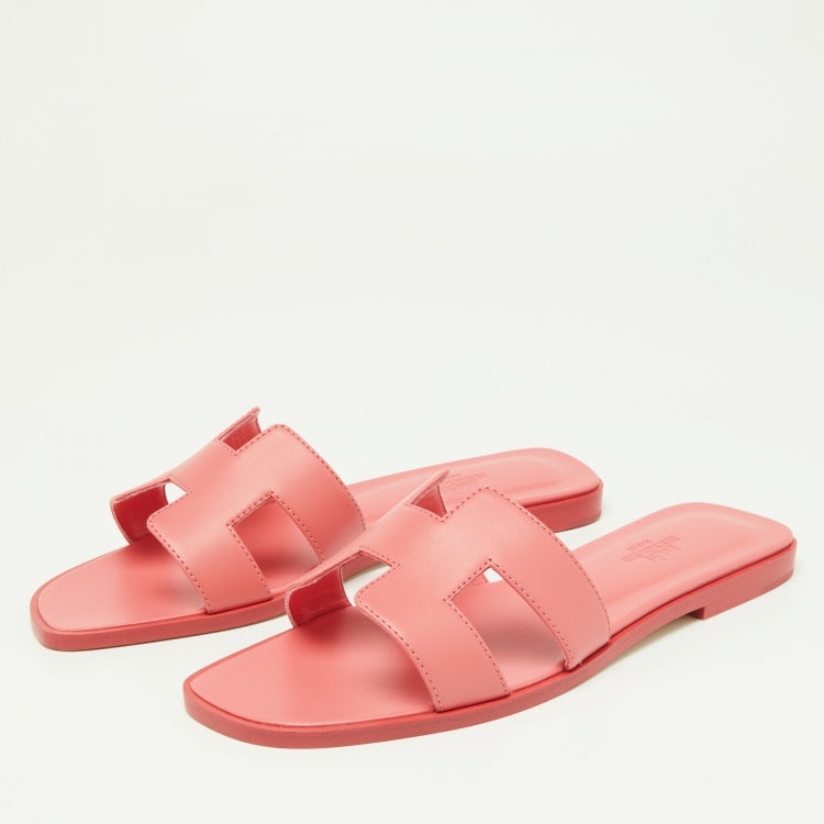 Hermes Pink Leather Oran Flat Sandals Size 37.5