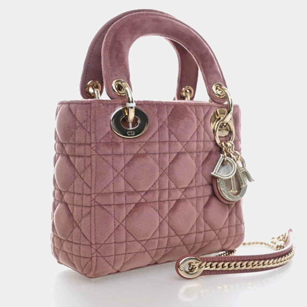 Christian Dior Lady Dior Mini Pink Velvet Top Handle Bag