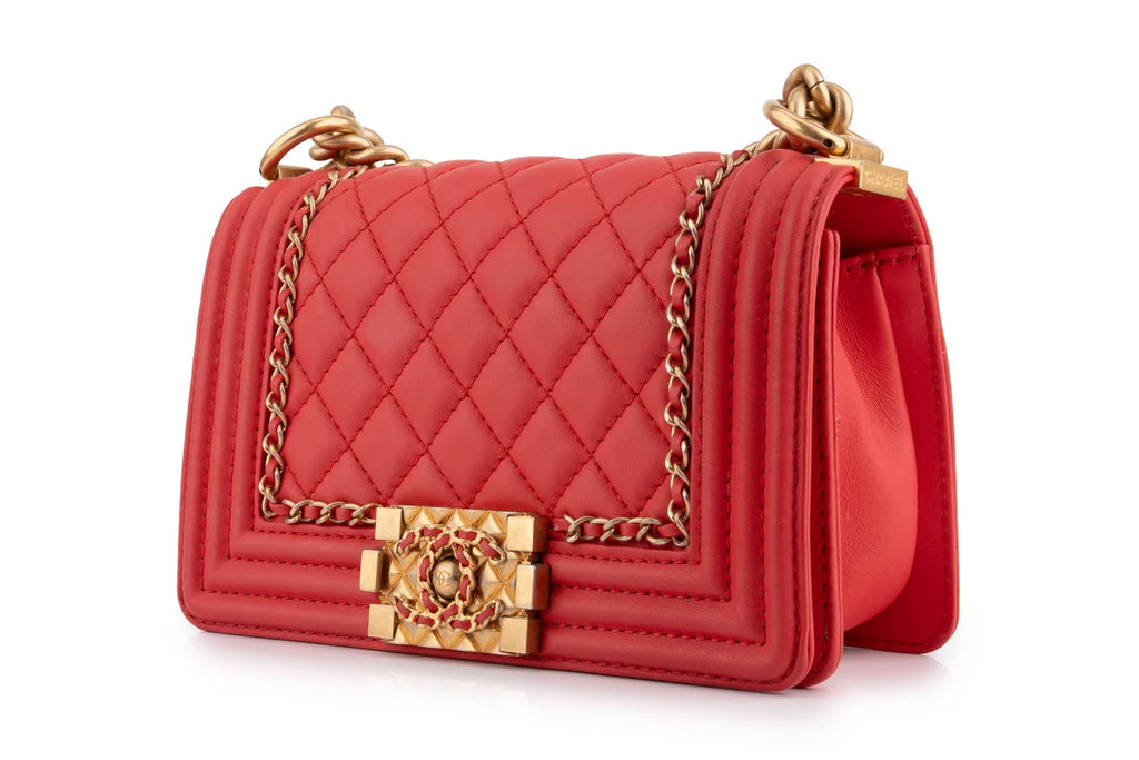 Chanel Quilted Chain Around Small Boy Lamskin Watermelon Red GHW
