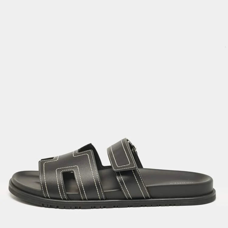 Hermes Black Leather Chypre Sandals Size 46