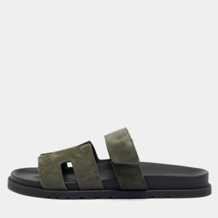 Hermes Chypre Size 42 Dark Olive Green Slide Sandals