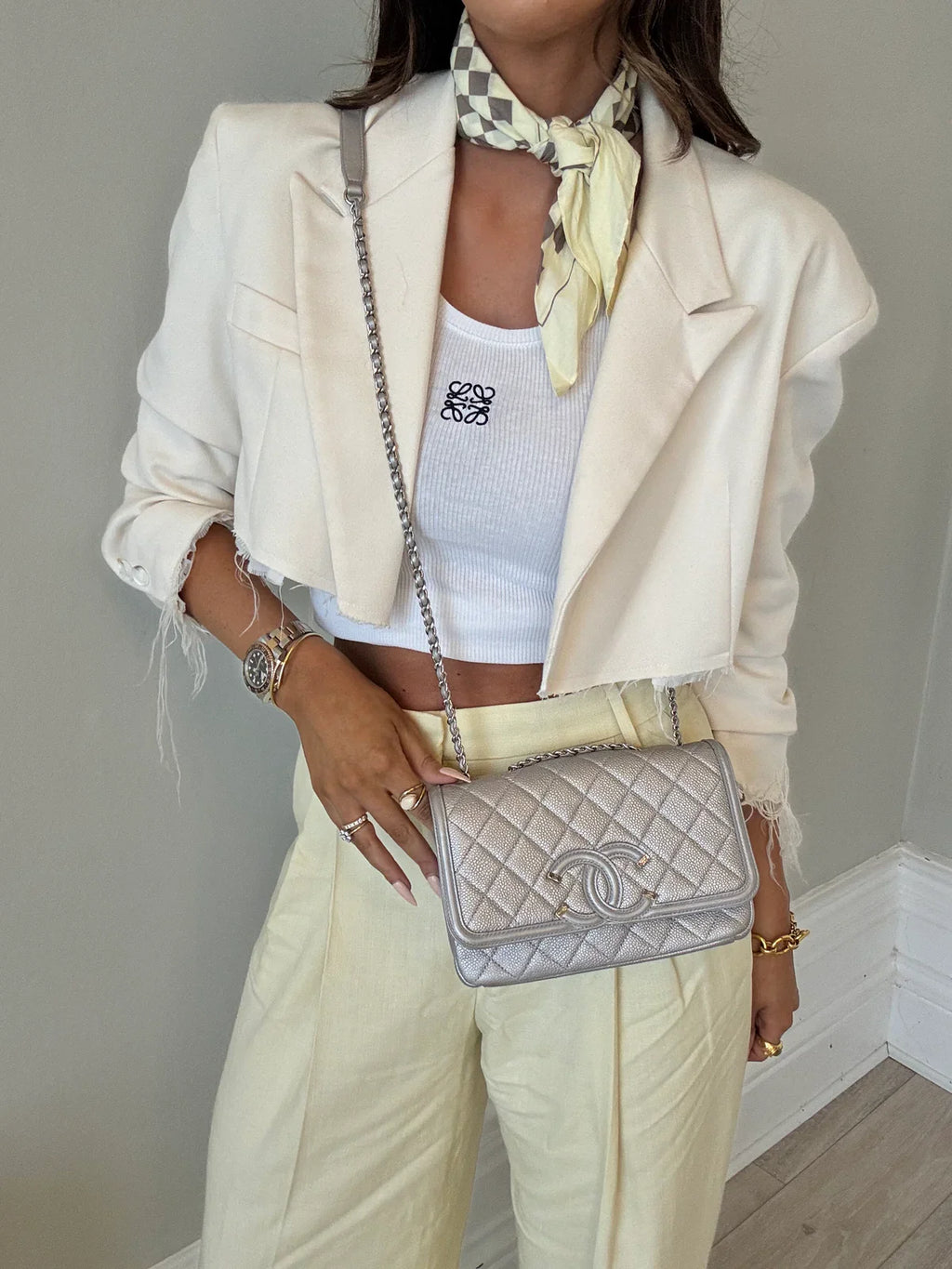 CHANEL CC FILIGREE WALLET ON CHAIN IN METALLIC SILVER