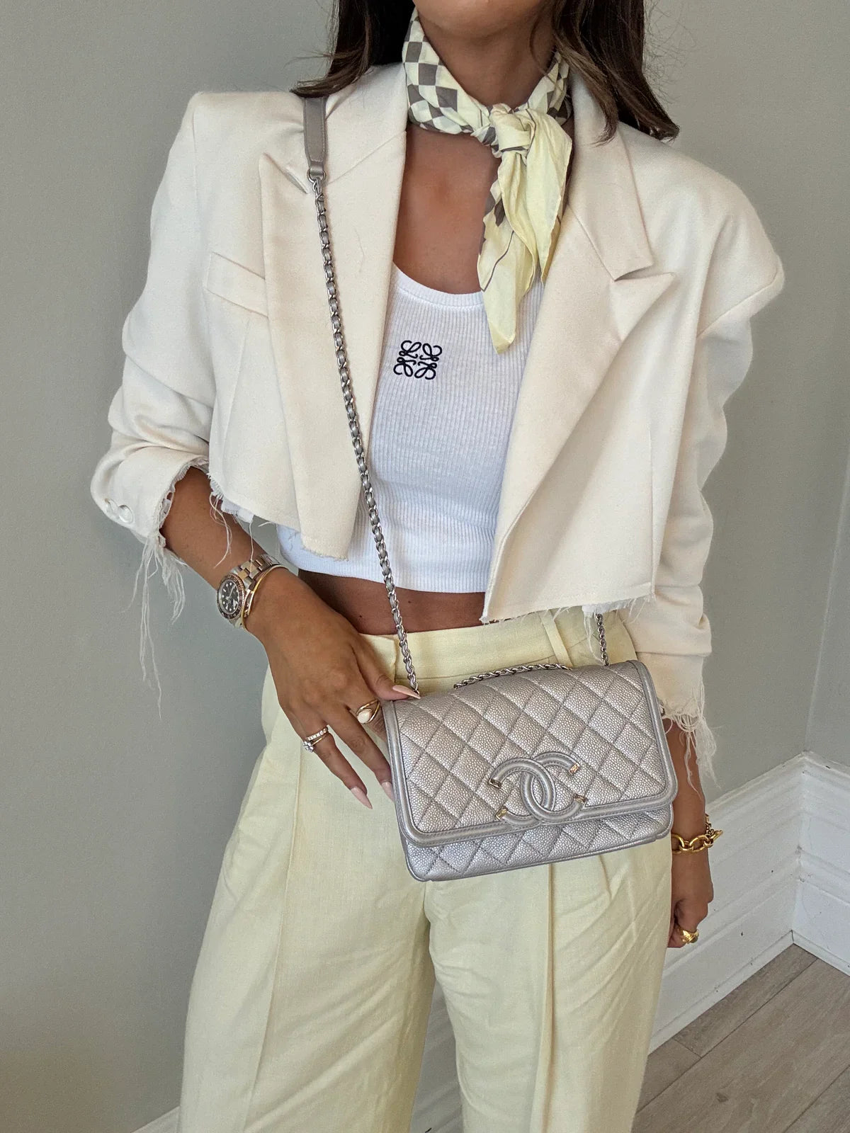CHANEL CC FILIGREE WALLET ON CHAIN IN METALLIC SILVER
