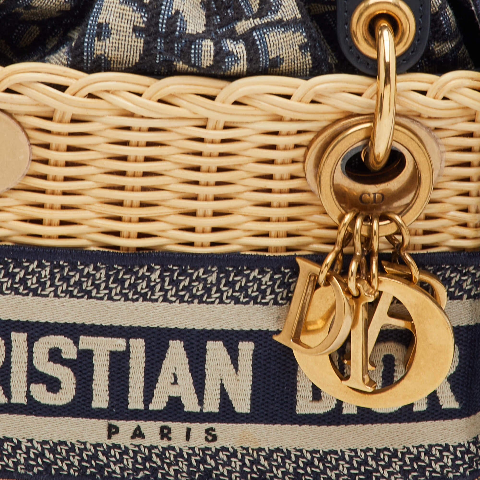 Dior Lady Dior Mini Beige/Navy Blue Wicker and Oblique Canvas Tote