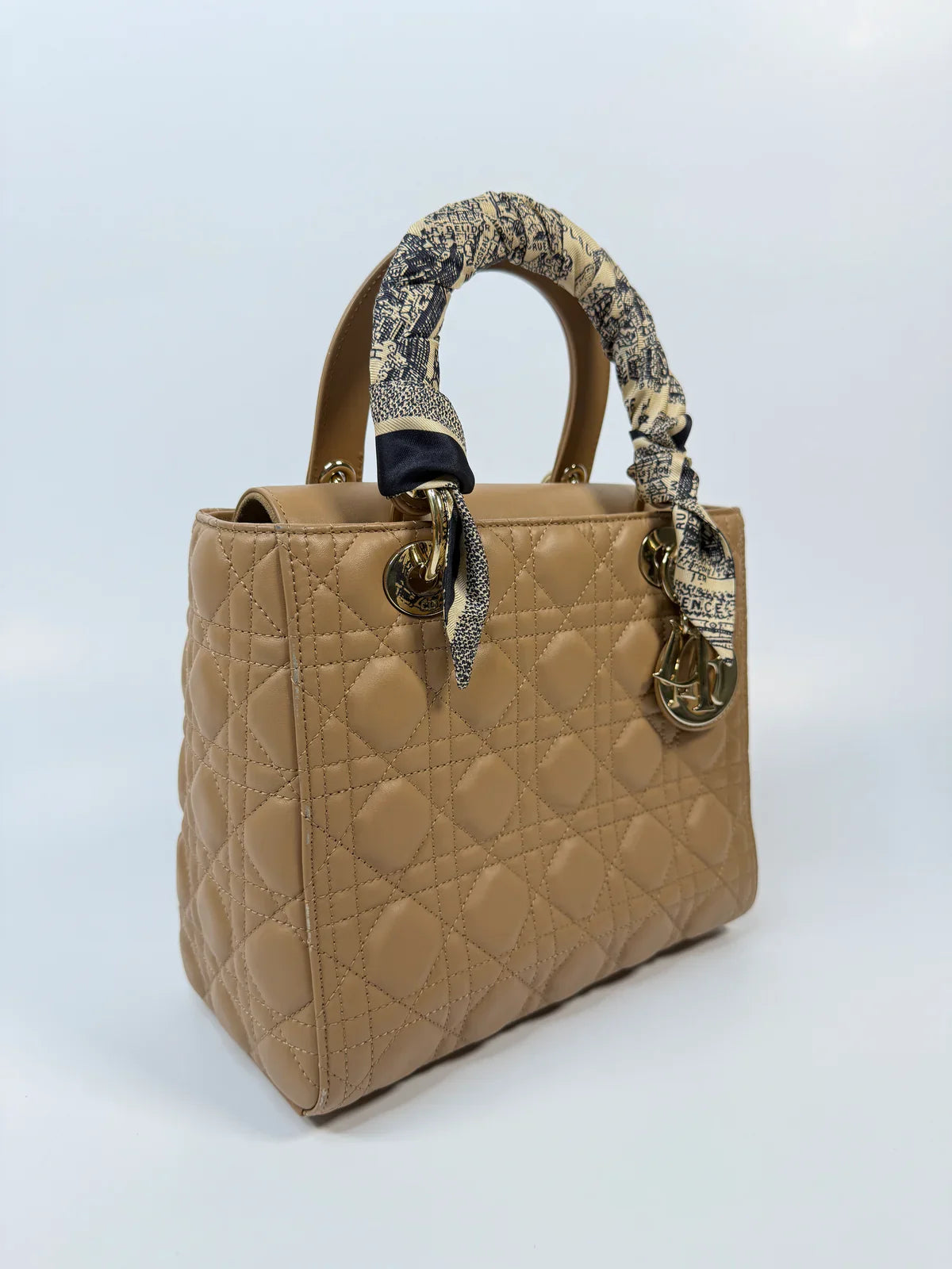 CHRISTIAN DIOR MEDIUM LADY DIOR BAG IN SAND WITH GOLD HARDWARE