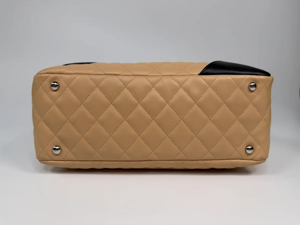 CHANEL CAMBON BOWLING BAG IN BEIGE / BLACK LAMBSKIN LEATHER WITH SILVER HARDWARE
