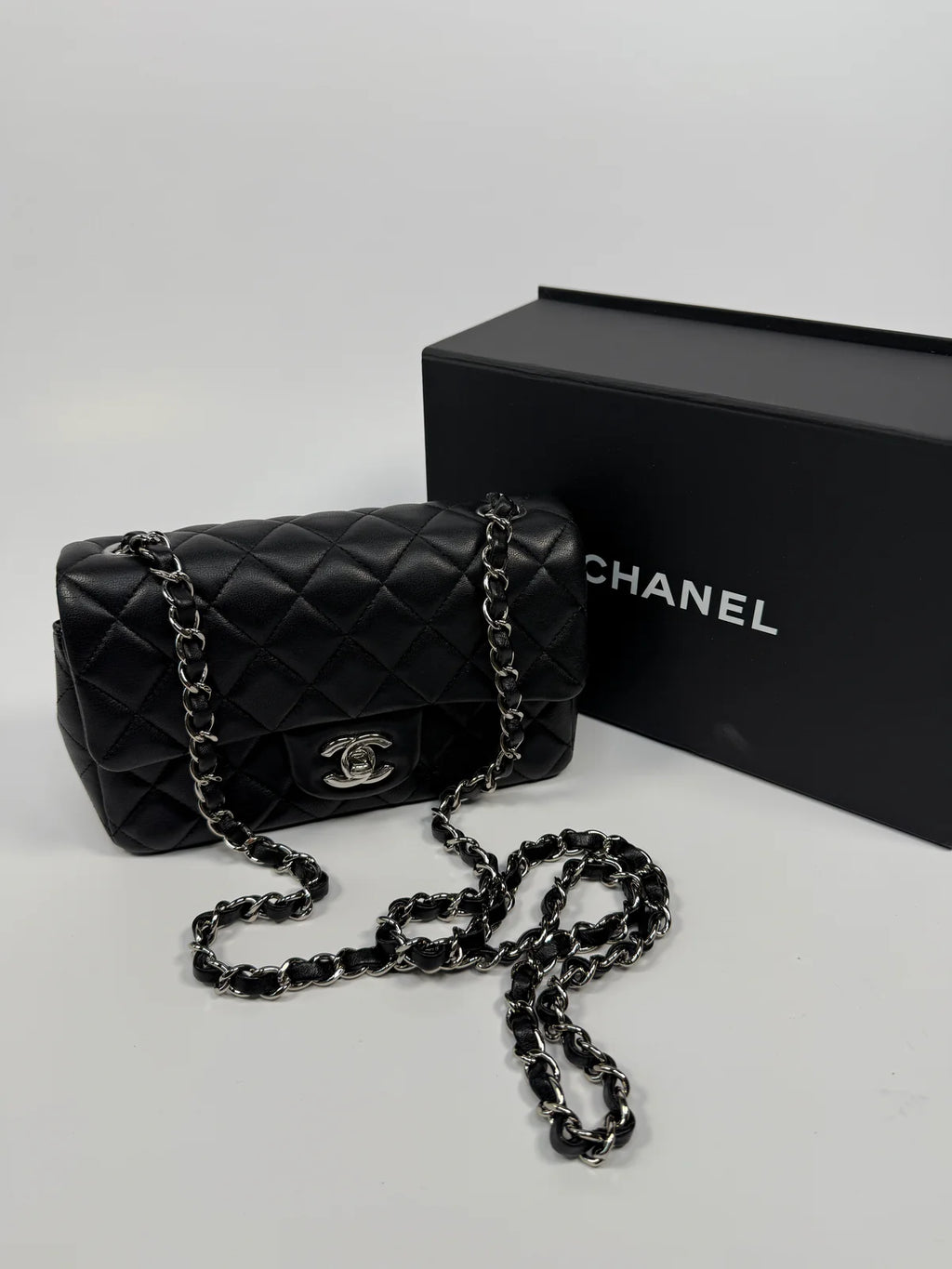 CHANEL MINI RECTANGLE IN BLACK LAMBSKIN SILVER HARDWARE