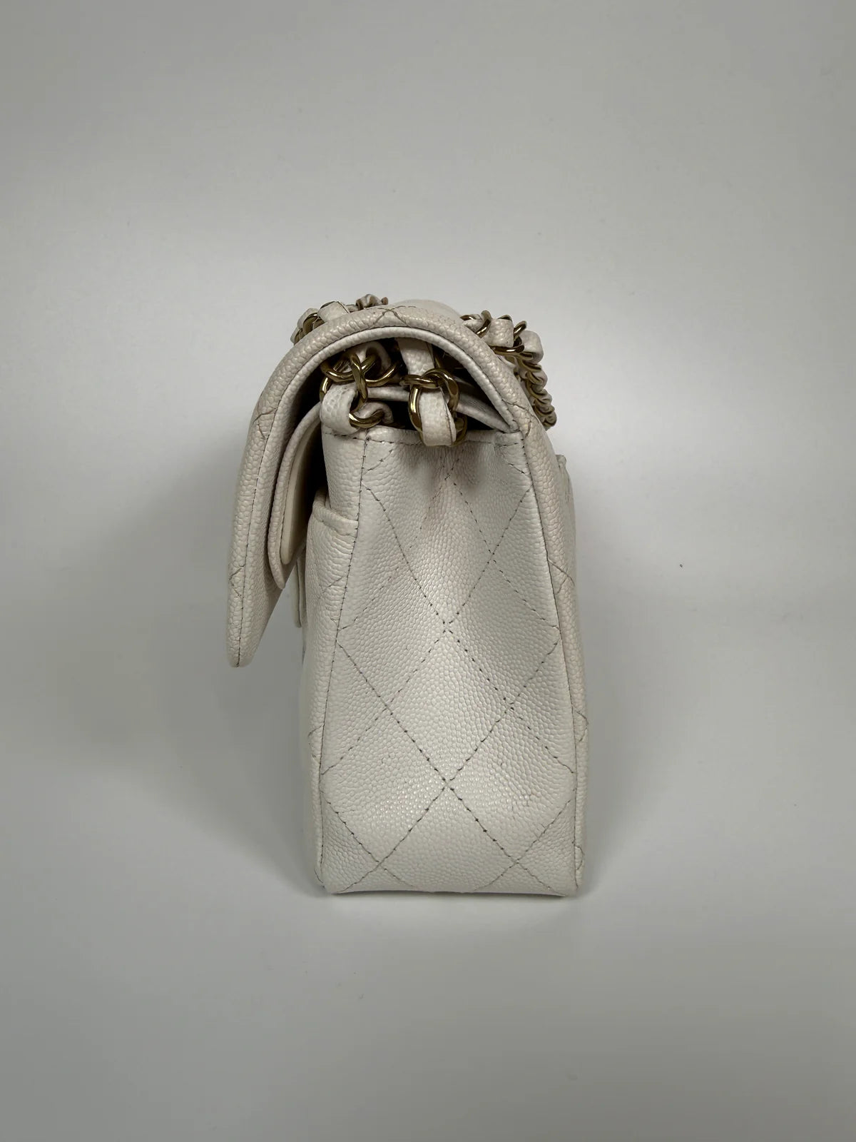 CHANEL SMALL CLASSIC DOUBLE FLAP IN WHITE CAVIAR LEATHER WITH GOLD HARDWARE