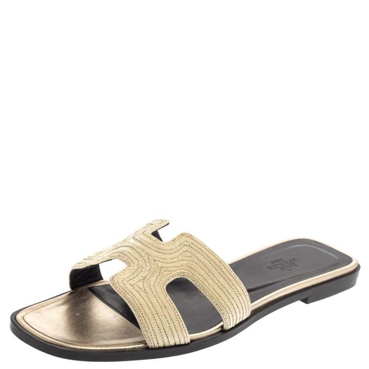 Hermes Metallic Pale Gold Twisted Metal Thread Oran Sandals Size 39.5