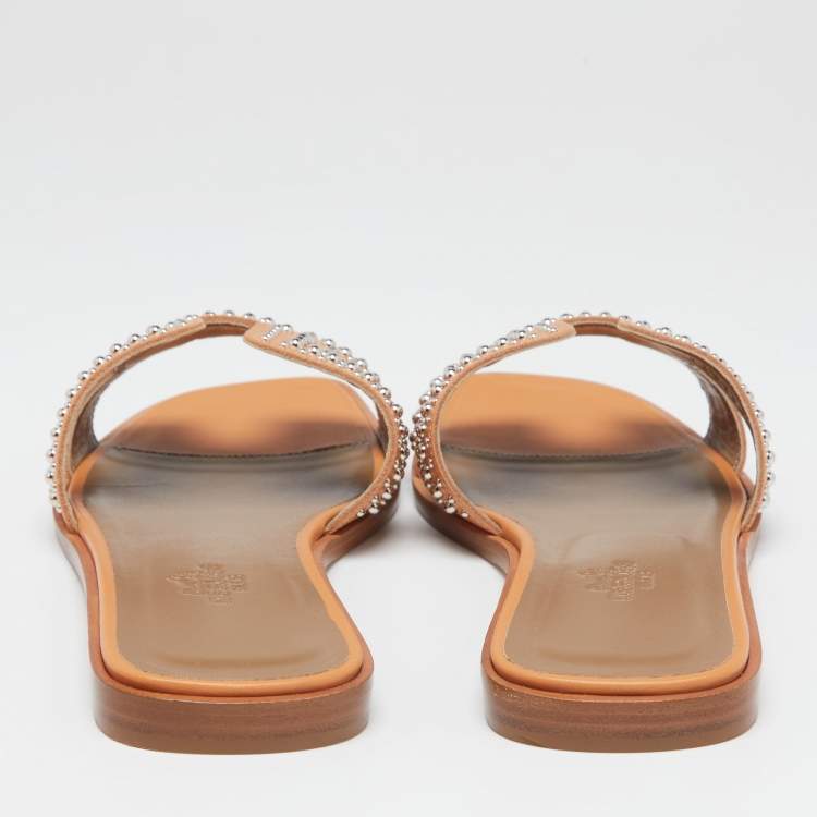Hermes Peach Leather Studded Oran Flat Slide Sandals Size 37.5