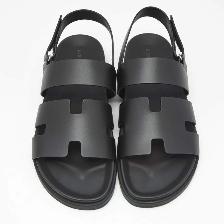 Hermes Black Leather Genius Flat Sandals Size 46