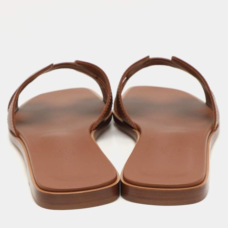 Hermes Gold Leather Oran Flat Sandals Size 40.5