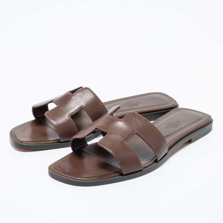 Hermes Brown Leather Oran Sandals Size 39