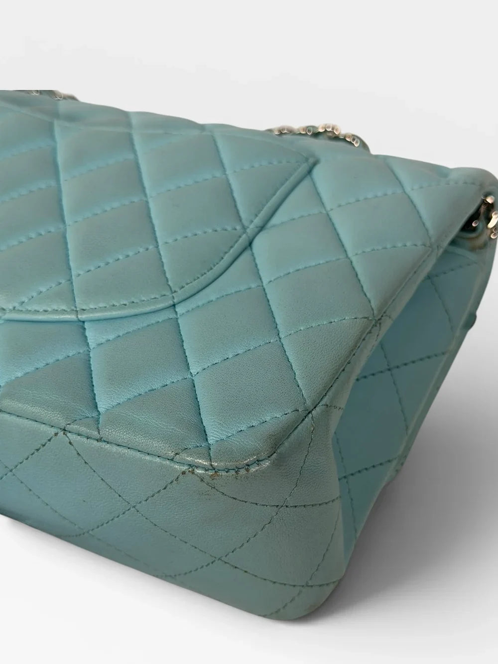 CHANEL MEDIUM DOUBLE CLASSIC FLAP LIGHT BLUE LAMBSKIN SILVER HARDWARE