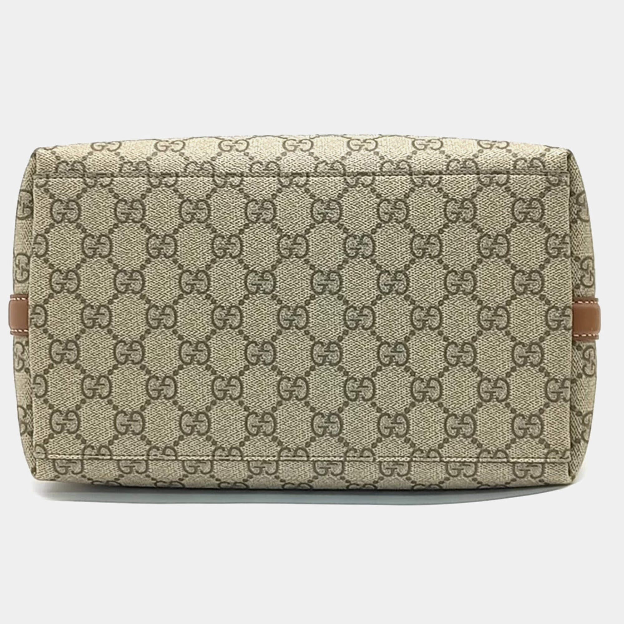 Gucci Beige Brown PVC GG Emblem Medium Bucket Bag