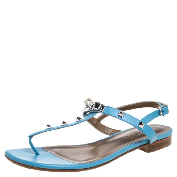 Hermes Blue Leather Olivia Ankle Strap Sandals Size 37.5
