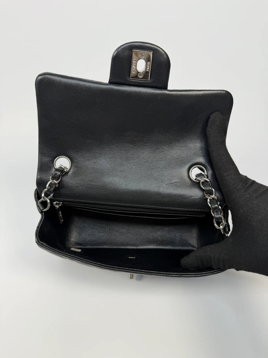 CHANEL MINI RECTANGLE IN BLACK LAMBSKIN SILVER HARDWARE