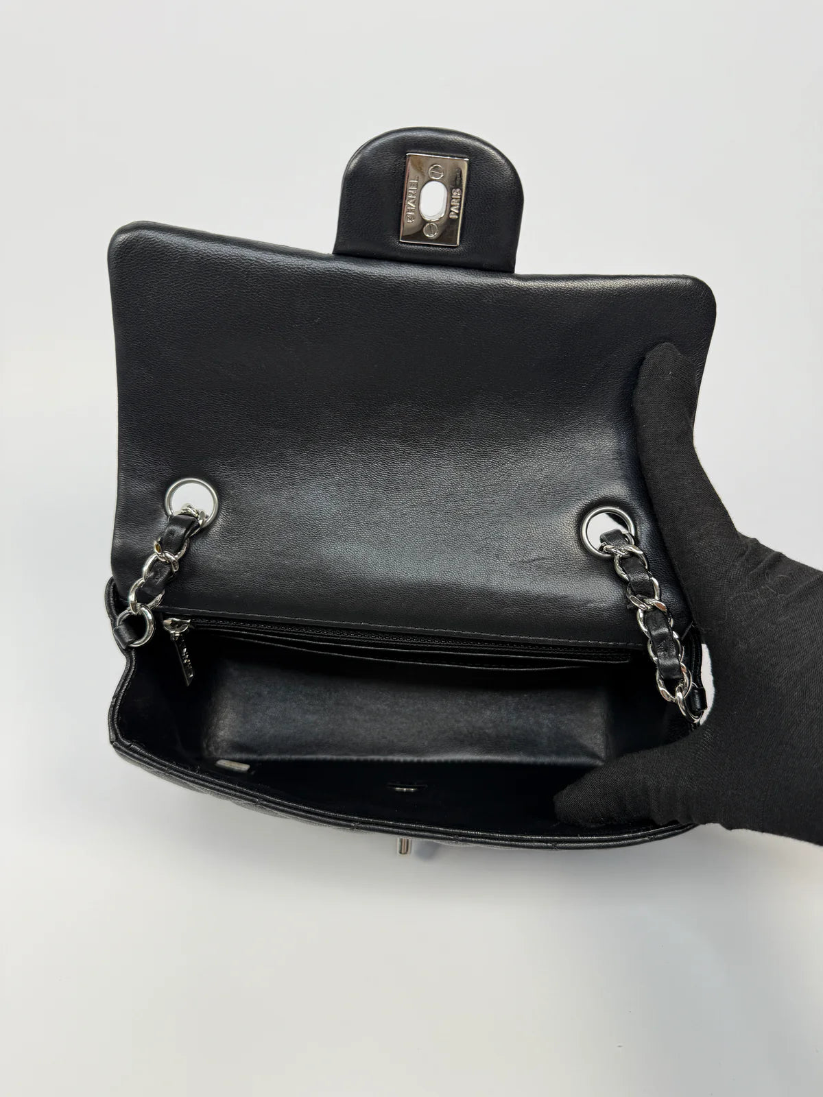 CHANEL MINI RECTANGLE IN BLACK LAMBSKIN SILVER HARDWARE