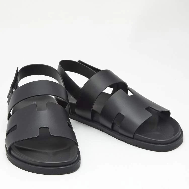 Hermes Black Leather Genius Flat Sandals Size 46