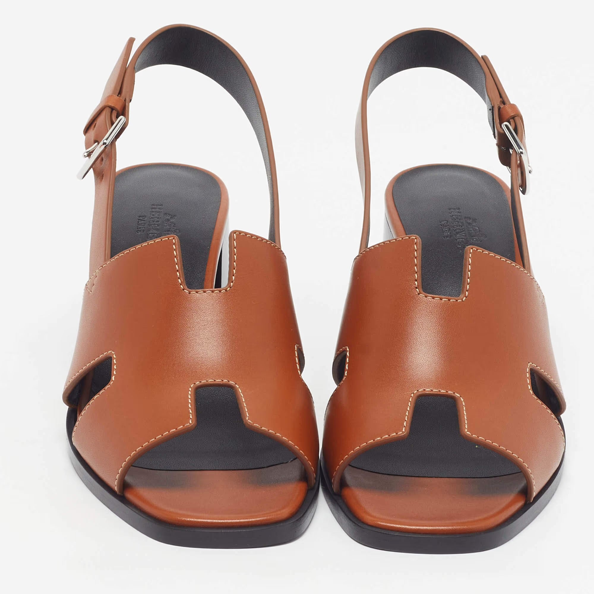 Hermès Elbe Size 39 Brown Leather Slingback Sandals