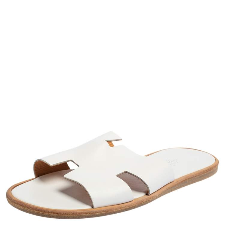 Hermes White Leather Izmir Flat Slides Size 40
