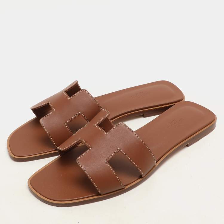 Hermes Gold Leather Oran Flat Sandals Size 40.5