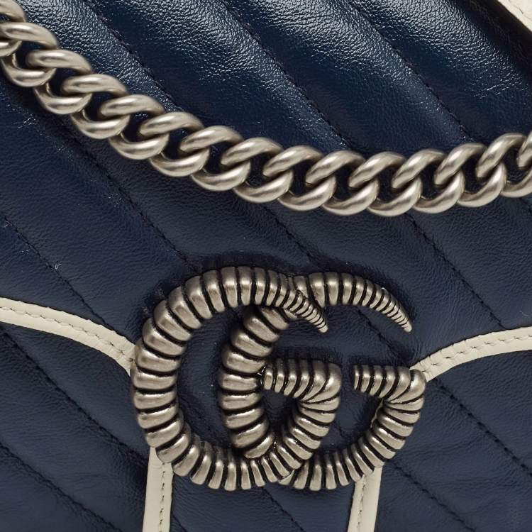 Gucci GG Marmont Torchon Small Navy Blue/White Diagonal Quilt Leather Shoulder Bag